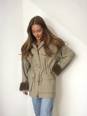HELSA Olive Utility Jacket with Faux Fur Cuffs